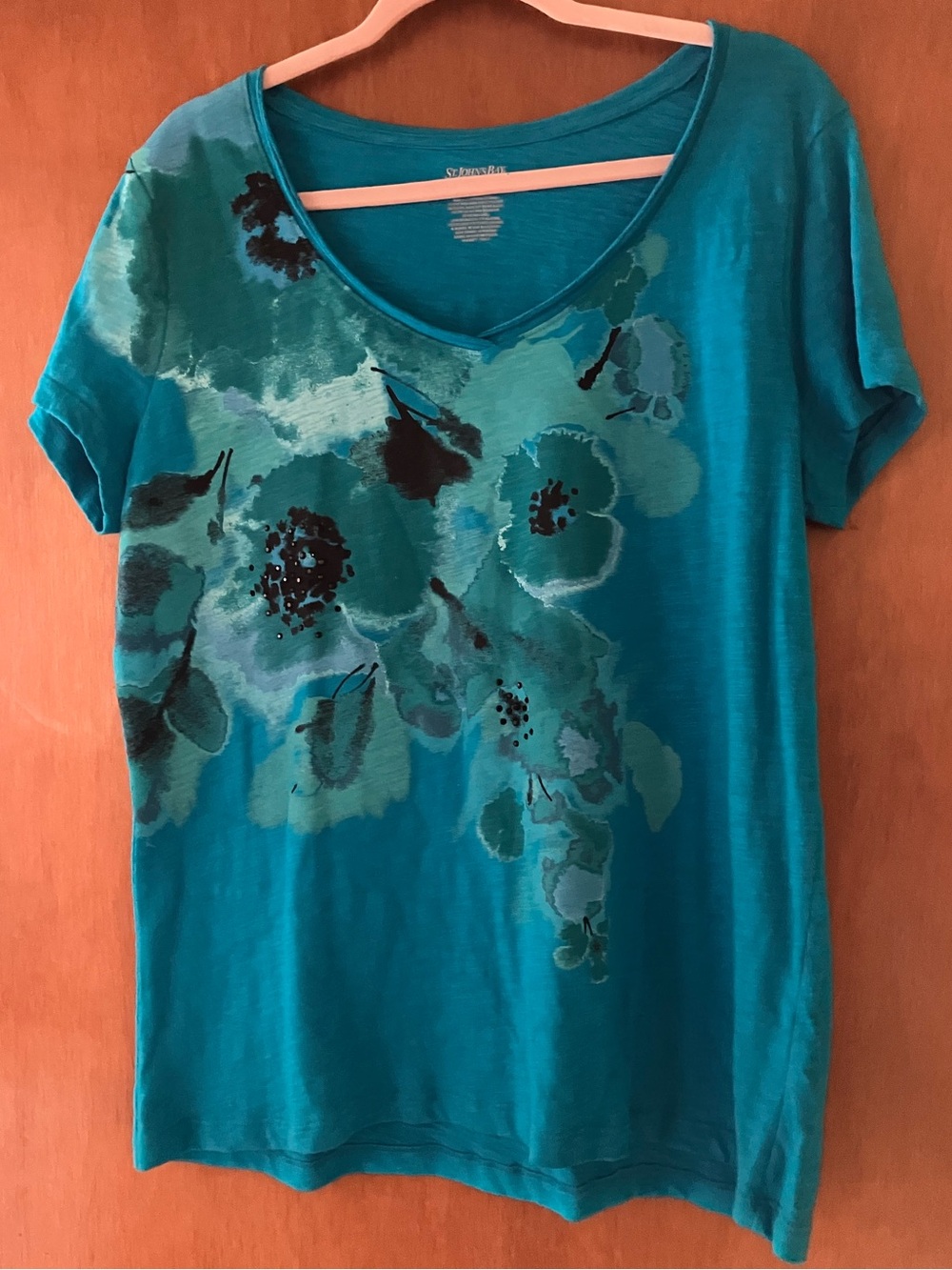 St. John’s Bay Teal Floral Top Embellished Rhinestones Cotton